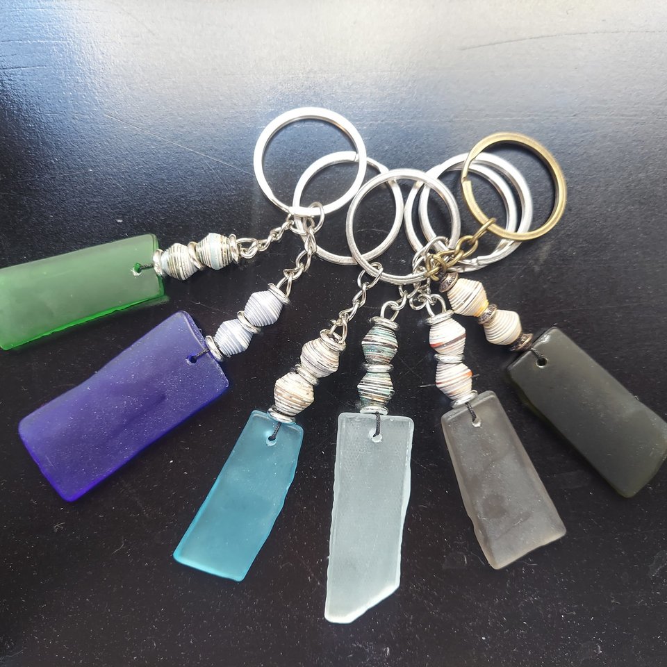 Keychain of Recycled Glass and Magazine Beads 