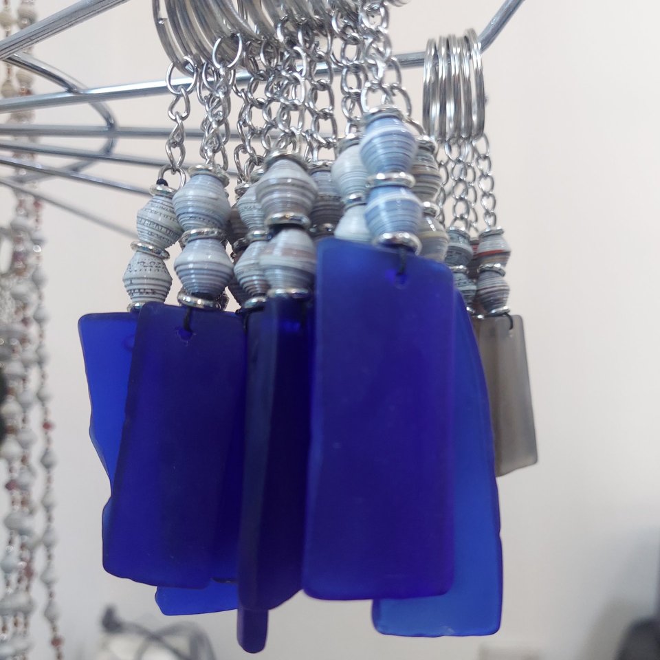 Keychain of Recycled Glass and Magazine Beads