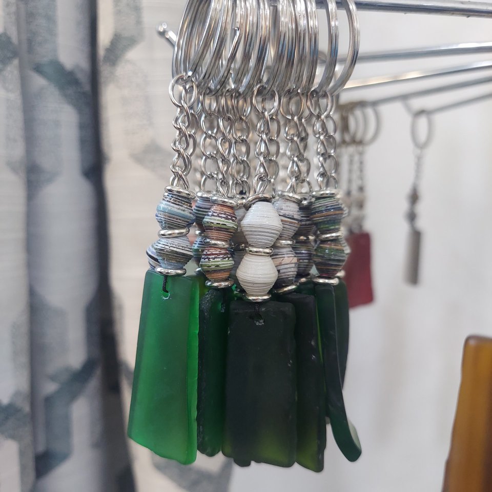 Keychain of Recycled Glass and Magazine Beads
